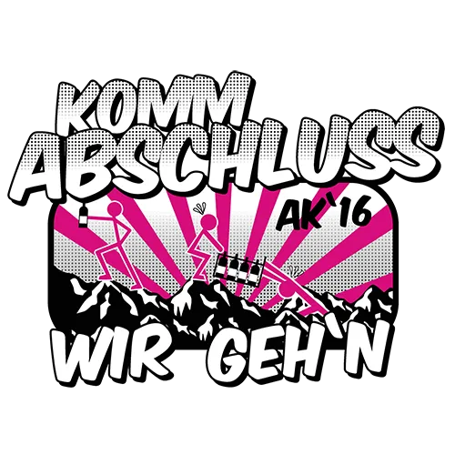 Grünes T-Shirt mit Abschlussmotiv: "KOMM ABSSCHLUSS AK '16 WIR GEH'N" in Weiß und Pink.