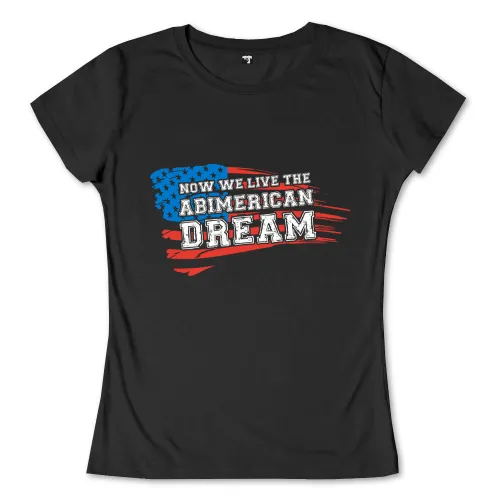 Grafik mit Text "NOW WE LIVE THE ABIMERICAN DREAM", blau und rot in einem grungy Stil.