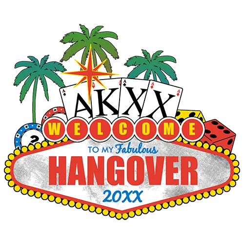 Grafik mit Palmen, Spielkarten und Würfeln, Text "Welcome to my Fabulous Hangover 2017".