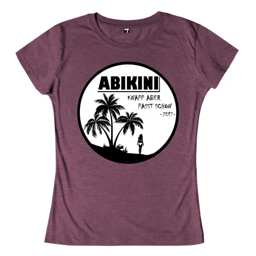 Logo mit Palmen, einer Silhouette, Text 'ABIKINI knapp aber passt schon -2017' in einem Kreis.