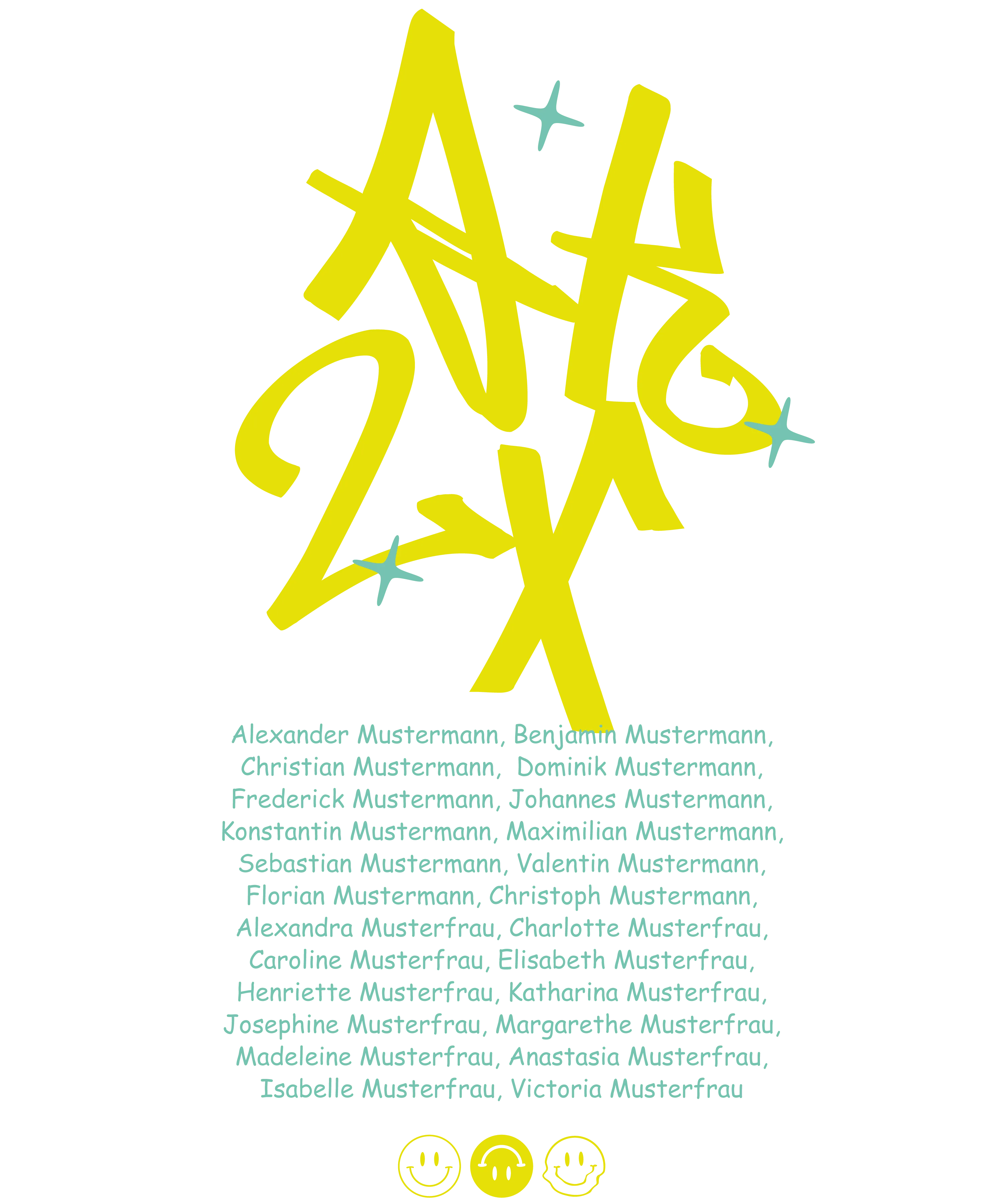 Grafik mit gelber Aufschrift ALT2X und Liste fiktiver Namen gefolgt von drei runden Symbolen mit Smiley und Kopfhorer