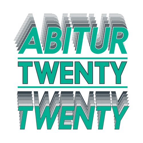 Grafik mit Text "ABITUR TWENTY TWENTY" in Türkis auf dunkelgrauem Hintergrund.