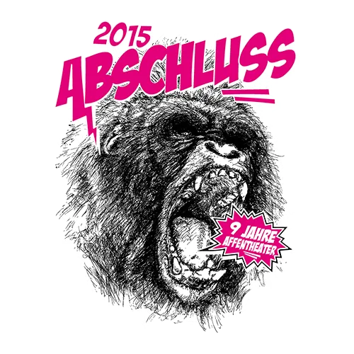Ein dunkler, grafische Darstellung eines brüllenden Gorillas, mit den Worten "2015 Abschluss" und "9 Jahre" auf einem purpurroten Hintergrund.