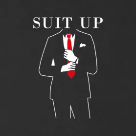 Silhouette eines Mannes in einem Anzug, der seine Krawatte justiert, mit dem Text "SUIT UP" oben.