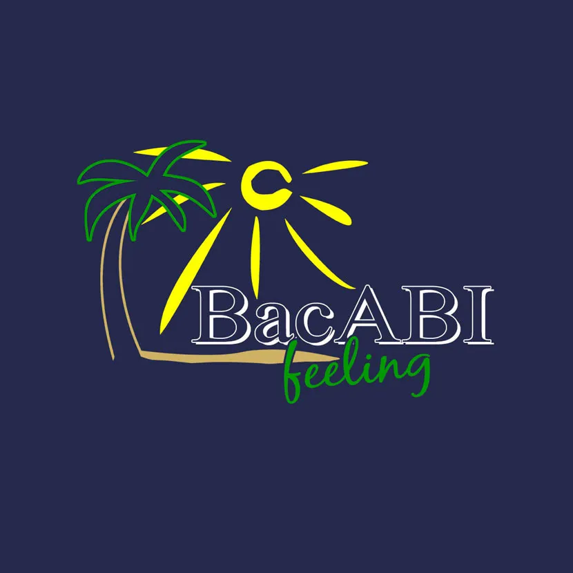 Eine Grafik mit einer Sonne, Palmen und dem Text "BacABI feeling" auf dunkelblauem Hintergrund.