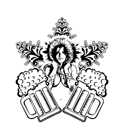 Grafik mit einer Frau in Winterkleidung umgeben von Sternen und zwei Bierkrügen, Text 'Sankt Moritz 202X'.