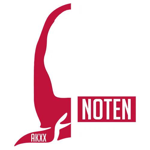 Rotes minimalistisches Logo mit den Wörtern NOTEN und AKXX in Weiß.