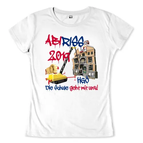 Collage aus einer zerstörten Schule mit Abrisskugel und Text 'Abi 2019. Die Schule geht mit uns!'