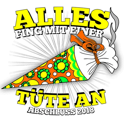 Grafik mit einer bunten Tüte und Text "ALLES FING MIT EINER TÜTE AN ABSCHLUSS 2018".