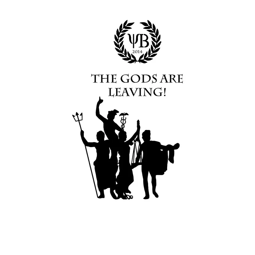 Silhouetten von vier griechischen Göttern, die triumphierend posieren, mit einem Lorbeerkranz und Text oben.