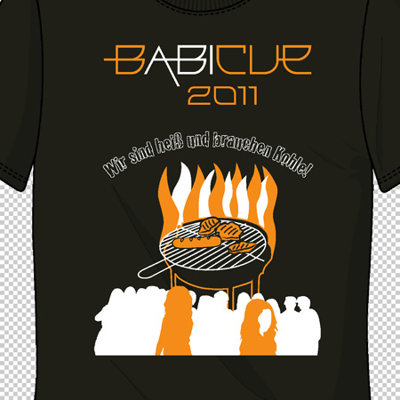 Grünes T-Shirt mit Aufdruck "BABICUE 2011", Grill und Flammen, Text "Wir sind heiß und brauchen Kohle".