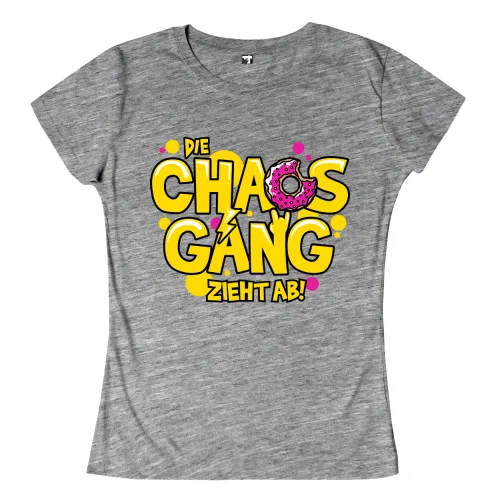Graues T-Shirt mit "Die Chaos Gang zieht ab!" Text, einem Donut und einem Blitzsymbol.