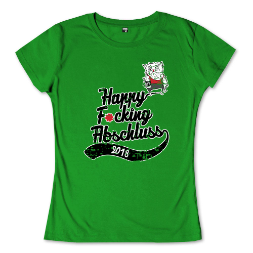 Grünes T-Shirt-Design mit dem Text 'Happy F***ing Abschluss 2018' und einer Eule in Akademikerkleidung.