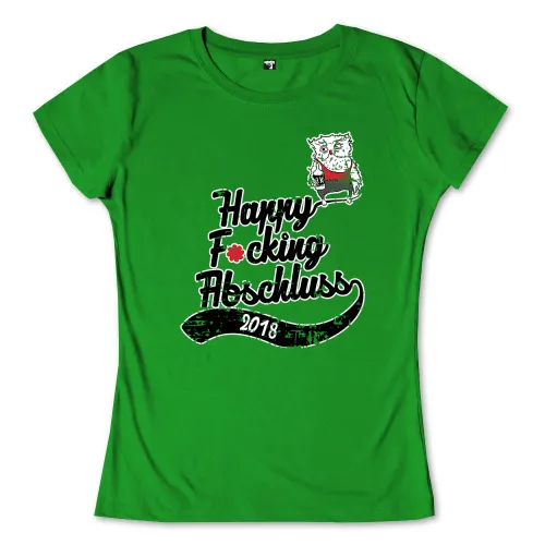 Grünes T-Shirt-Design mit dem Text 'Happy F***ing Abschluss 2018' und einer Eule in Akademikerkleidung.