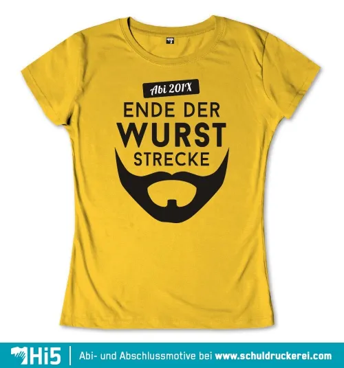 Gelbes T-Shirt Design mit schwarzen Buchstaben "Abi 201X" und "Ende der Wurststrecke", darunter ein Bart-Logo.