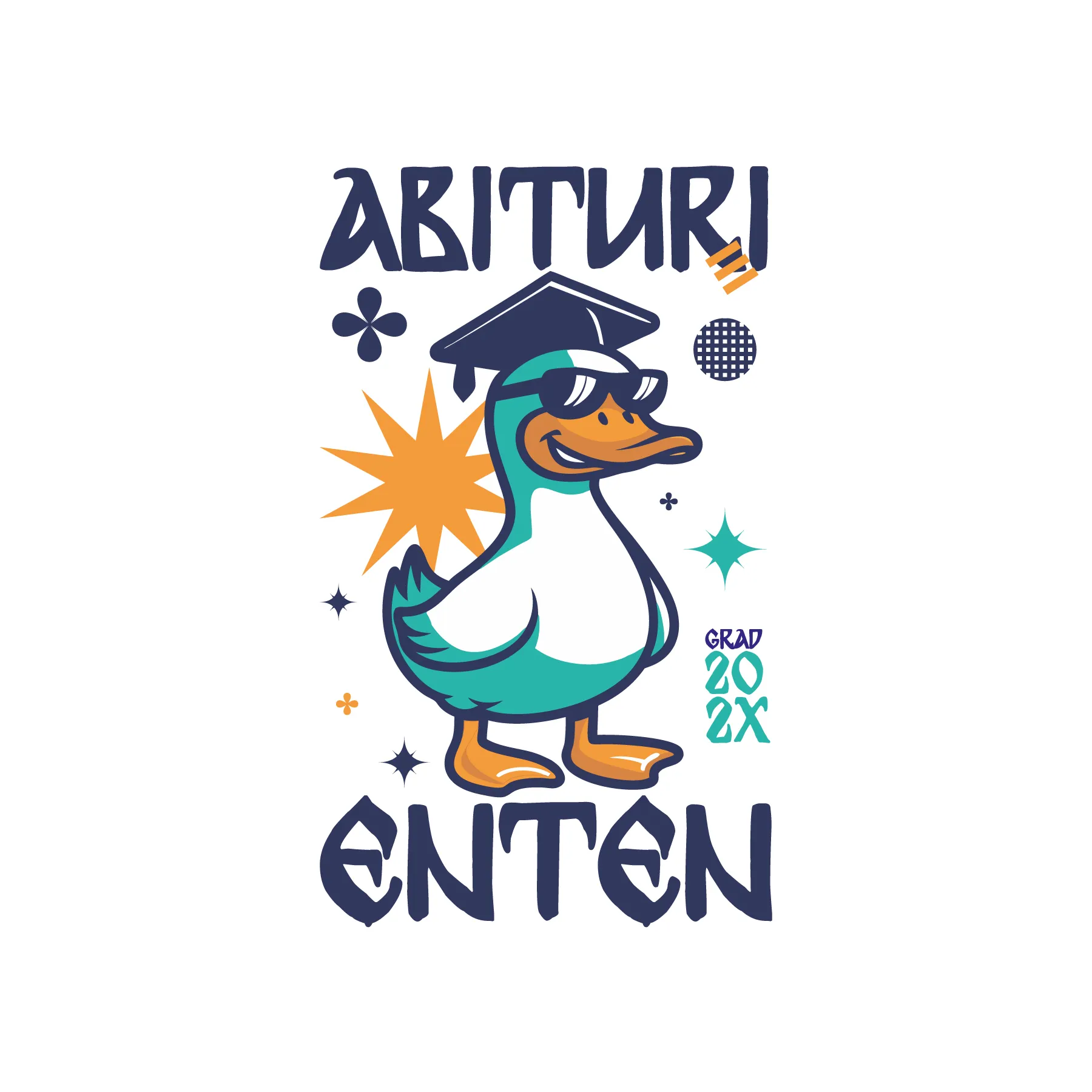 Cartoonente mit Abschlussmutze und Sonnenbrille umgeben von Sternen mit Schriftzug Abitur Enten Grad 202X
