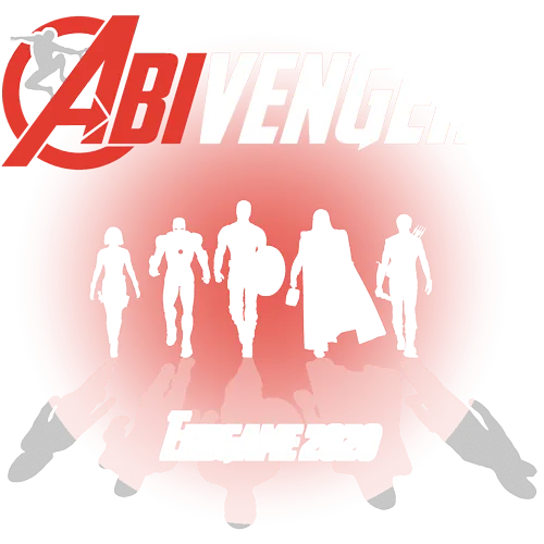 Rotes, rundes Logo mit weißen Silhouetten verschiedener Figuren und dem Text "Abivengers" sowie "Abi 2020".
