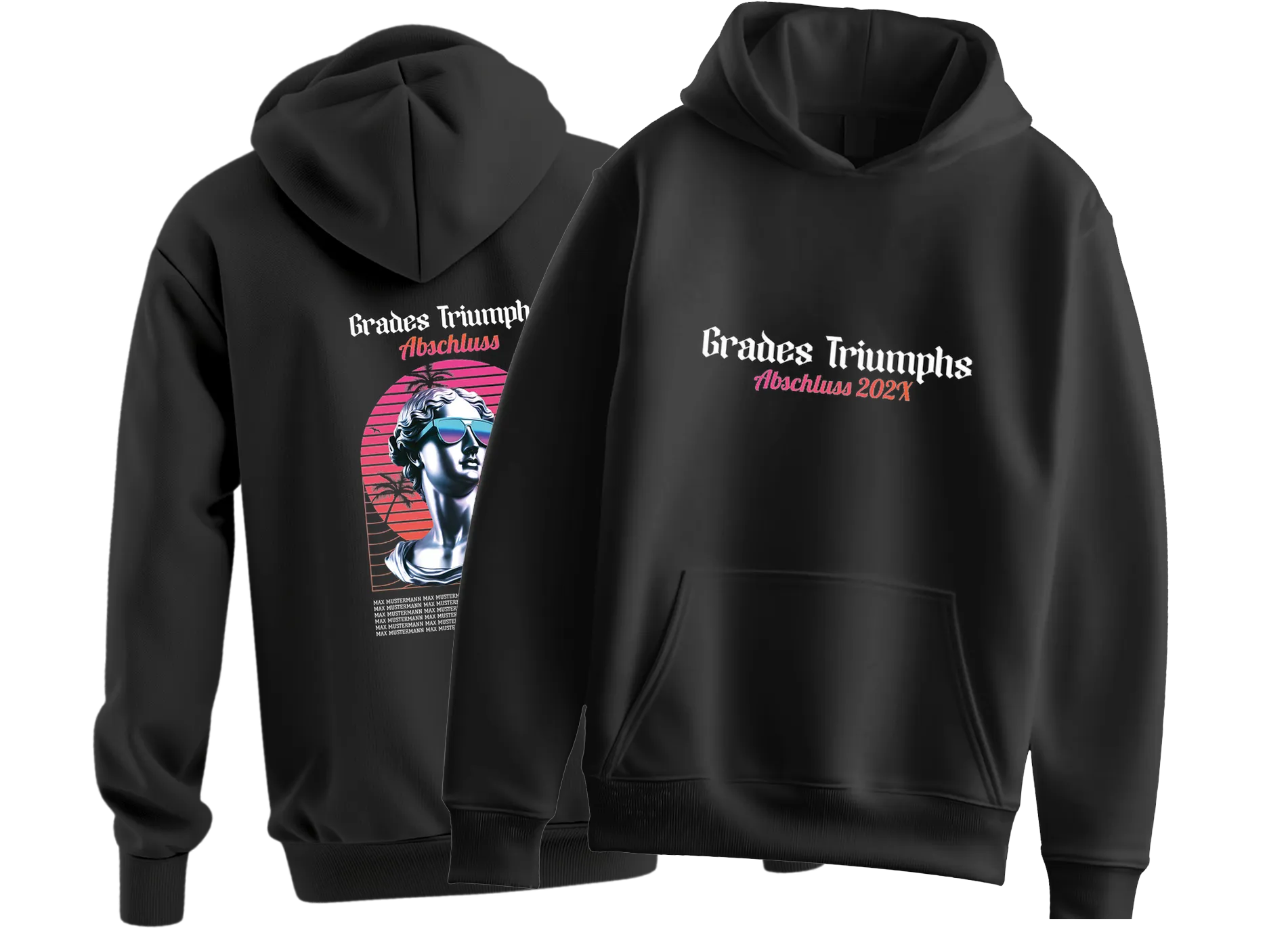 Schwarzer Hoodie vorne mit Schriftzug Grades Triumphs Abschluss 2024 und hinten Statue mit Sonnenbrille vor rotem Sonnenmotiv und Namenstext
