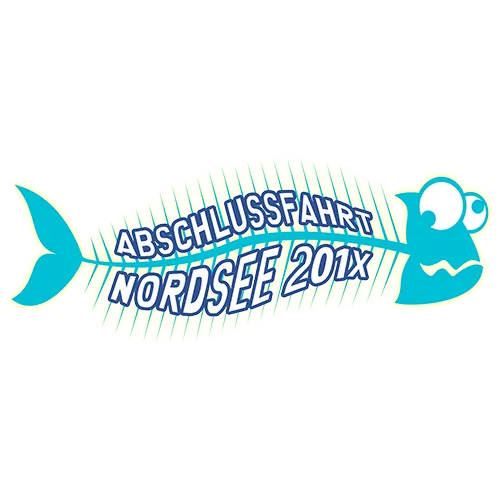 Design einer Abschlussfahrt mit Fischmotiv und Text "Nordsee 2017" auf dunklem Hintergrund.