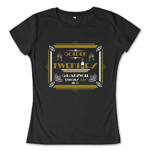 Grafisches T-Shirt-Design mit der Aufschrift 'Golden Twenties Glanzvoll durchs Abi 2020' in einem Art-Deco-Rahmen.