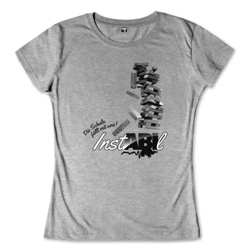 Monochrome Grafik eines wackelnden Jenga-Turms mit dem Wort "Instabil".