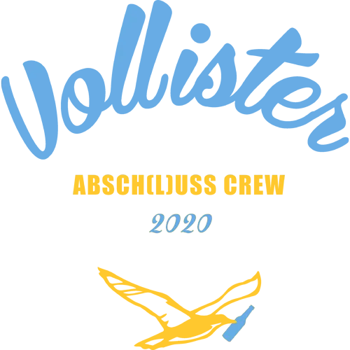 Dunkelblaues Shirt-Design mit "Vollister Abschluss Crew 2020" Text und gelbem Vogel-Logo.