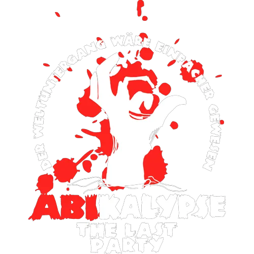Rote Spritzer und Text um eine grafische Hand auf dunklem Hintergrund, 'Abikalypse The Last Party'.