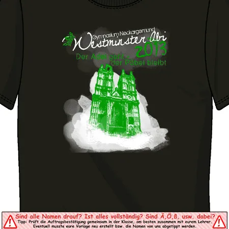 Graues T-Shirt mit grünem Druck einer Kathedrale und dem Text "Münster Abi 2013".