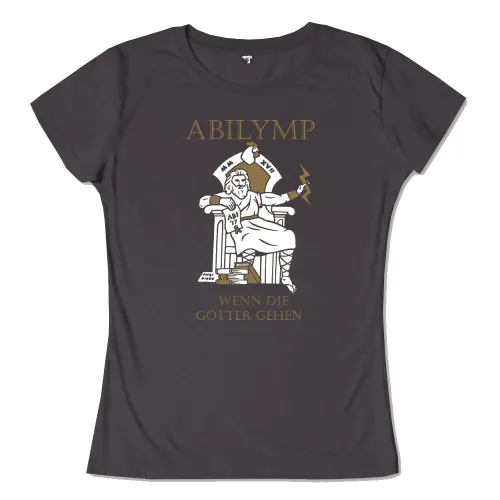 Zeus-ähnliche Figur sitzt auf Thron, hält einen Blitz, mit Büchern zu Füßen und Text "Abilymp" oben.