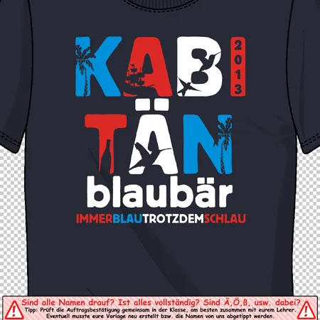 Schwarzes T-Shirt mit "KA3TAN blaubär 2013" Text und farbigen Silhouetten.