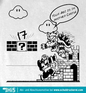 Bowser springt über eine Mauer und trägt dabei eine Prinzessin, während Mario unter ihm hängt.