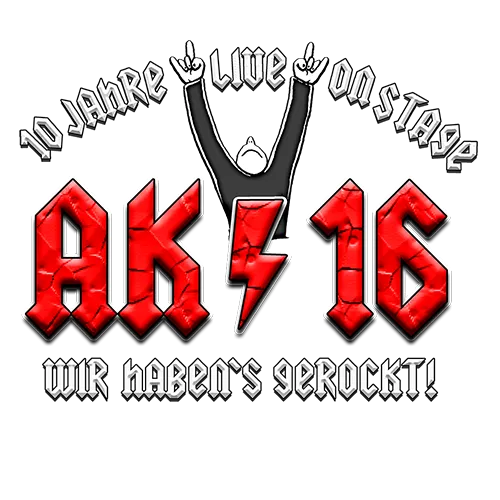 Design eines T-Shirts mit Text "10 Jahre live on stage AK 16, wir haben's gerockt!" und Grafik.