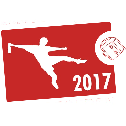 Rotes Symbol mit Silhouette eines Fußballspielers, Text "ZUM ABSCH(L)USS 2017 FREIGEGEBEN" und einem kleinen Icon.
