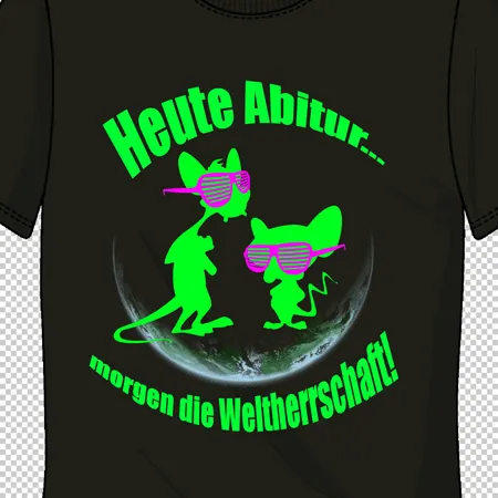 Schwarzes T-Shirt mit grünem Aufdruck "Heute Abitur...morgen die Weltherrschaft" und zwei Figuren mit Sonnenbrillen.