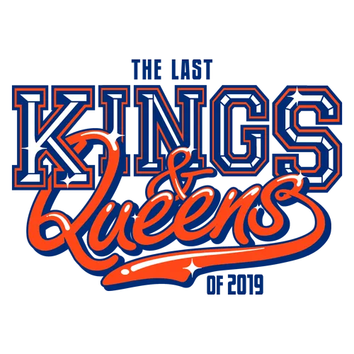 Grafisches Design mit den Worten "The Last Kings & Queens of 2019" in blau und rot auf grauem Hintergrund.