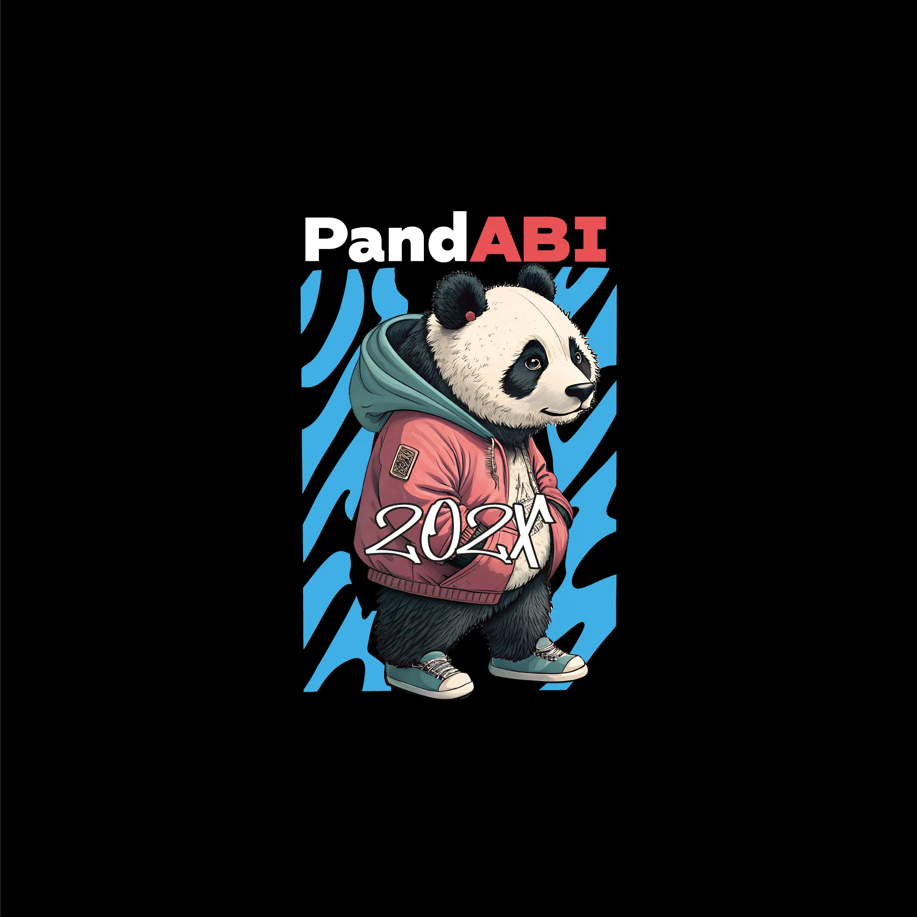 Stehender Panda in Kapuzenjacke und Sneakern vor blau schwarzem Zebramuster mit Schriftzug PandABI und Jahreszahl 202X