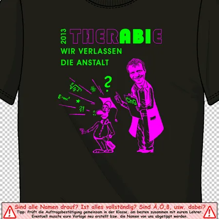 Schwarzes T-Shirt mit neon-grünem Druck eines Menschen und eines Vogels, Text „TIERABIE 2018 WIR VERLASSEN DIE ANSTALT“.