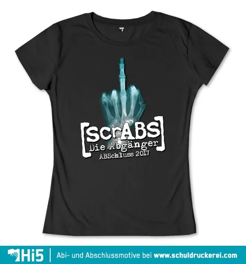 Röntgenbild einer Hand mit erhobenem Mittelfinger, umgeben von Text "scrABS Die Abgänger ABSchluss 2017".