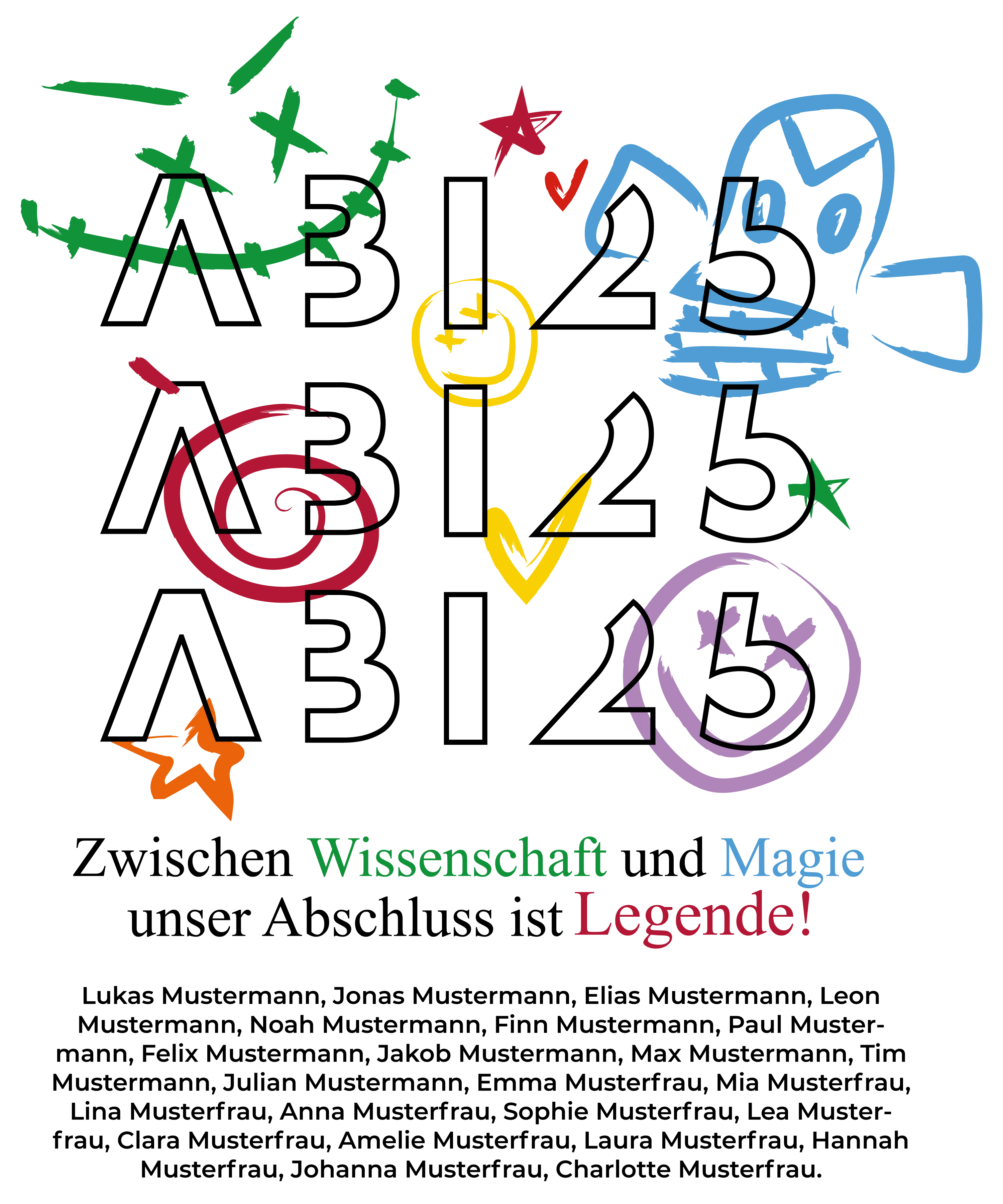 Bunte Kritzelzeichnungen auf schwarzem Hintergrund mit Spiralen Sternen Smiley Haken abstrakte Figuren und Schriftzug Wissenschaft Magie Legende