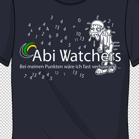 Schwarzes T-Shirt mit Illustration einer verzweifelten Person und Zahlenregen. Text: "Abi Watchers" und ein Spruch.