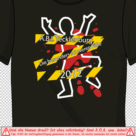 Design eines T-Shirts mit stilisiertem Menschen, gelben und roten Details, Text "A.B.I. Tecklenburg" und "2012".