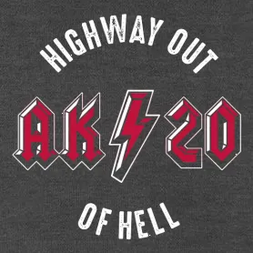 Grafik mit den Worten "HIGHWAY OUT 86420 OF HELL" in einem gestapelten Layout, hauptsächlich in Schwarz und Rot.