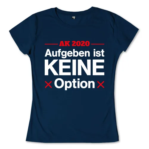 Dunkelblaues Motiv mit Text "Aufgeben ist KEINE Option" in Weiß und rote Kreuze.