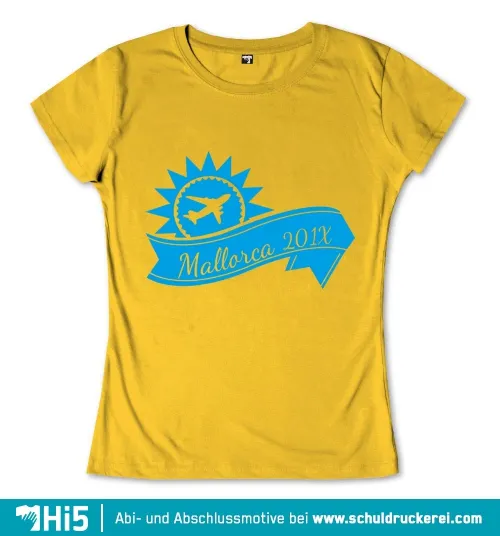 Schwarze Grafik mit einem Flugzeug innerhalb eines Sonnensymbols und dem Text 'Mallorca 201x' auf einem Banner.