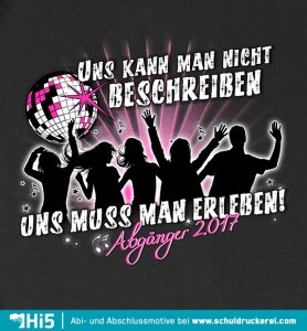 Illustration eines Abschluss-T-Shirts mit Silhouetten, einer Diskokugel und dem Text "Abgänger 2017".