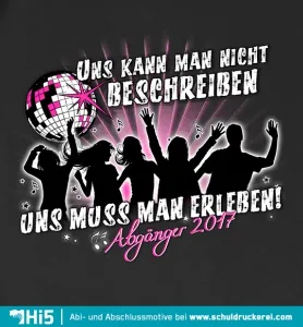 Illustration eines Abschluss-T-Shirts mit Silhouetten, einer Diskokugel und dem Text "Abgänger 2017".