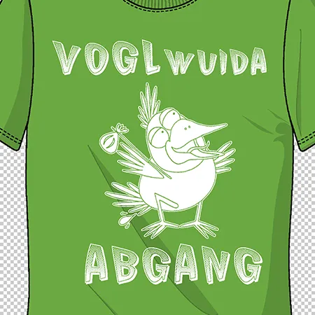 Grünes T-Shirt mit einem gezeichneten weißen Vogel, der Blumen hält. Text "VOGLWUIDA ABGANG" oben und unten.
