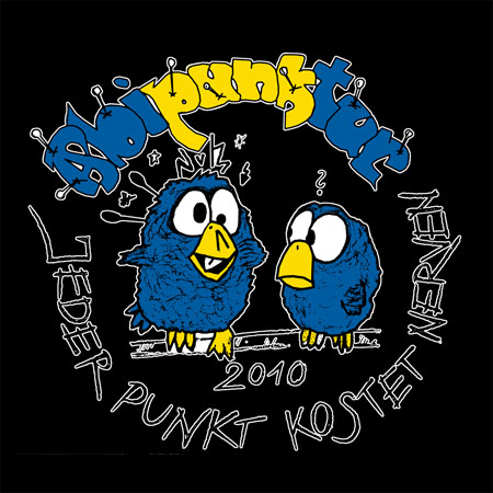 Zwei stilisierte blaue Vögel mit Text "Blaupunkt Lieder nerven Punkt kostet 2010" auf schwarzem Hintergrund.