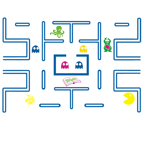 T-Shirt-Design mit Pac-Man-Spielplan, "GAME OVER" und "LEVEL 2018 COMPLETE" Texten.