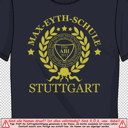 Schwarzes T-Shirt mit goldenem Emblem und Text "Max Eyth-Schule Stuttgart ABI 2012".